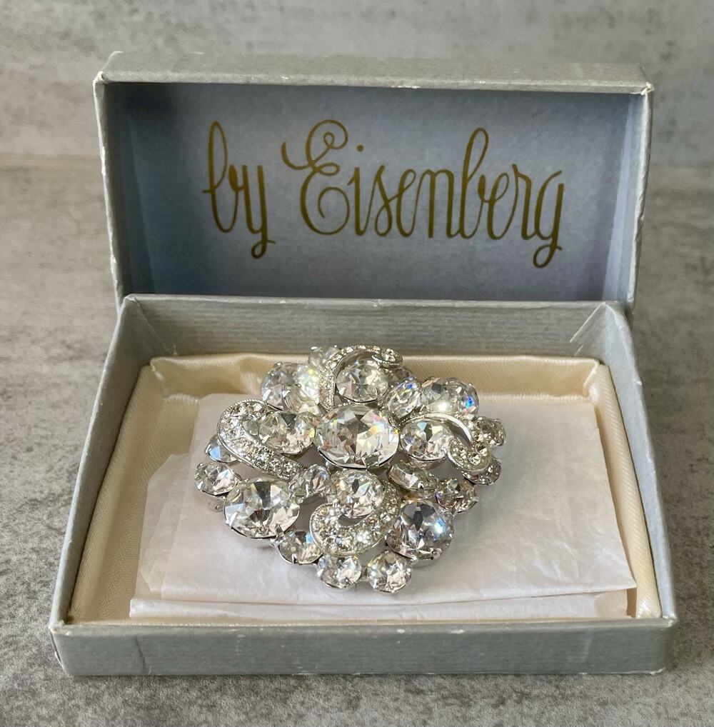 Vintage Eisenberg Signed Clear Rhinestone Brooch Pin Silver Tone Original Box